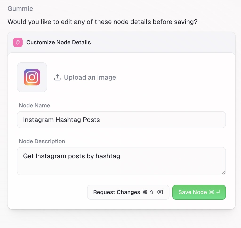 Instagram node with test values and outputs